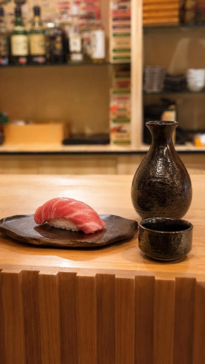 Bluefin tuna and sake at the Toyosu counter
